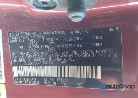 2015 Toyota Sienna L 7 Passenger из США, поврежденный, VIN 5TDZK3DC4FS630147